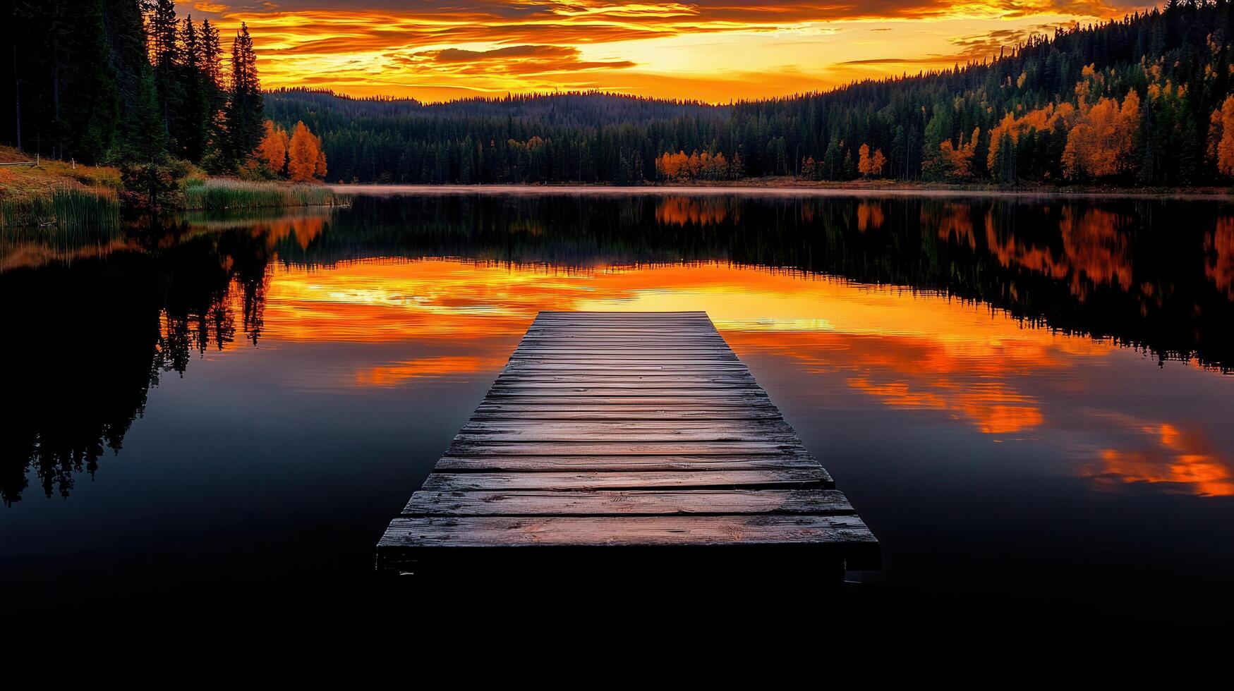 Serene Autumn Sunset over Calm Lake with Wooden Dock Peaceful Nature Scene photo