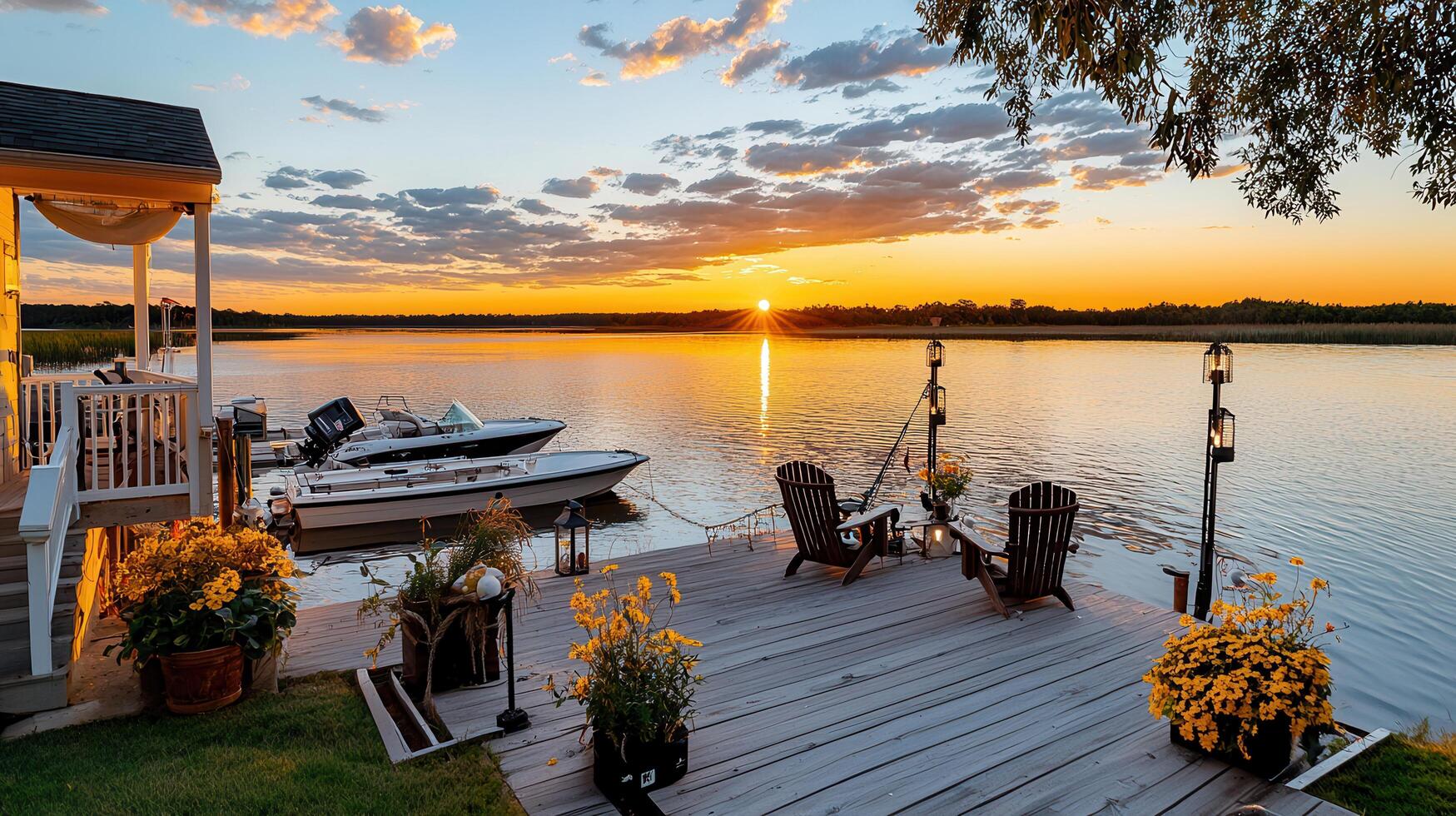 Serene Sunset at Lakeside Dock with Boats and Comfortable Chairs Enjoy the peaceful evening ambiance photo