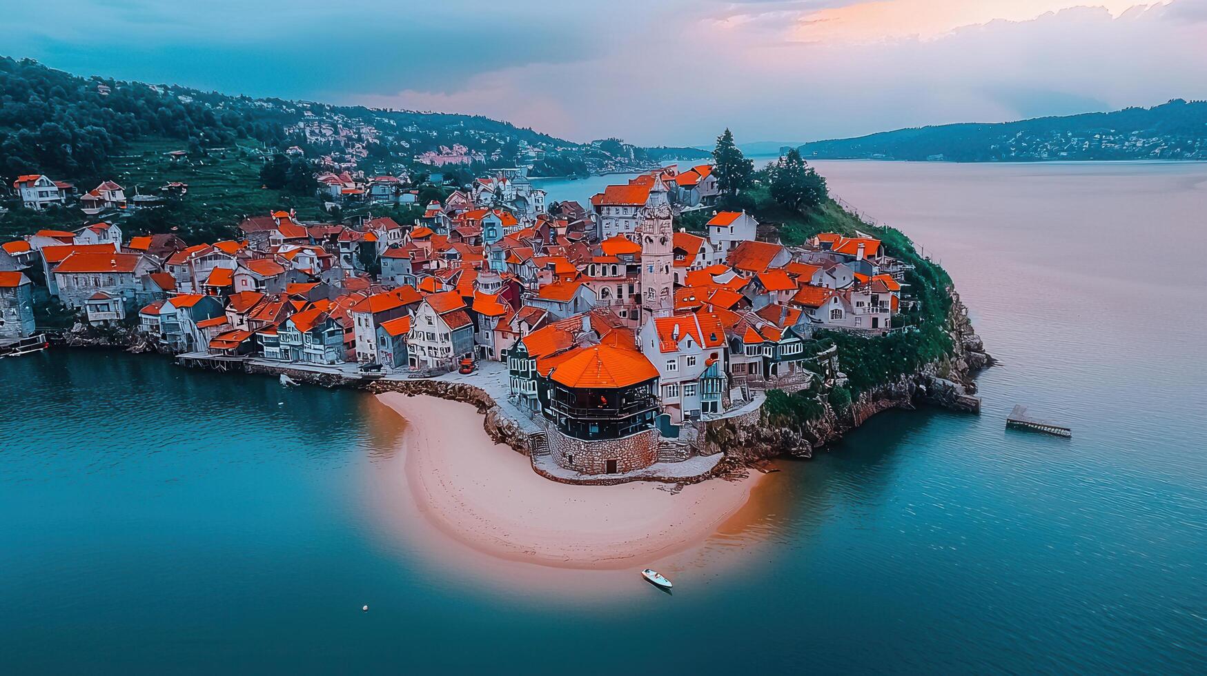 Coastal Town Aerial View Red Roof Houses and Sandy Beach at Sunset Picturesque village on the ocean photo