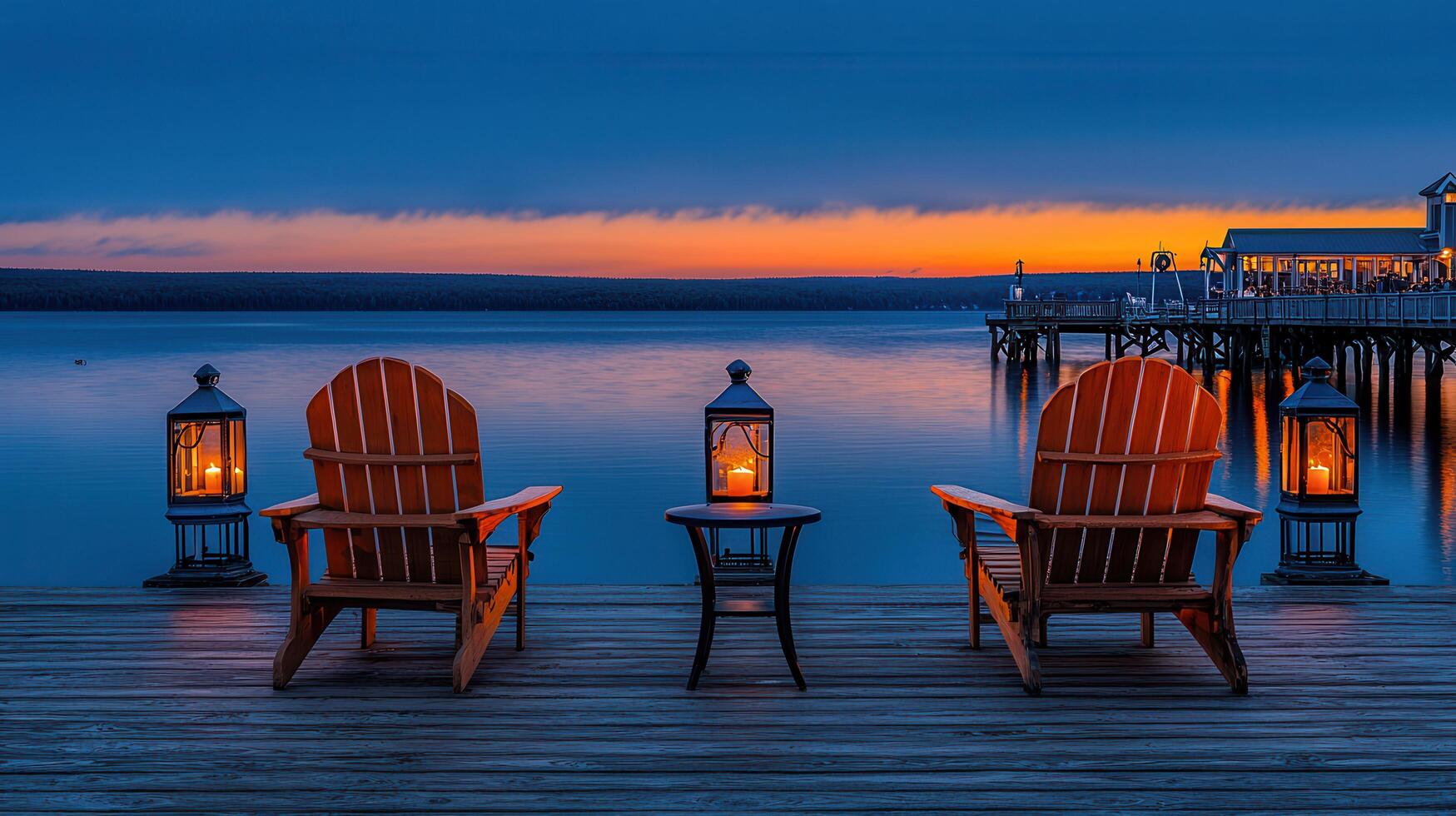 Romantic Sunset Scene Two Adirondack Chairs on a Dock overlooking Calm Water with Lit Lanterns photo