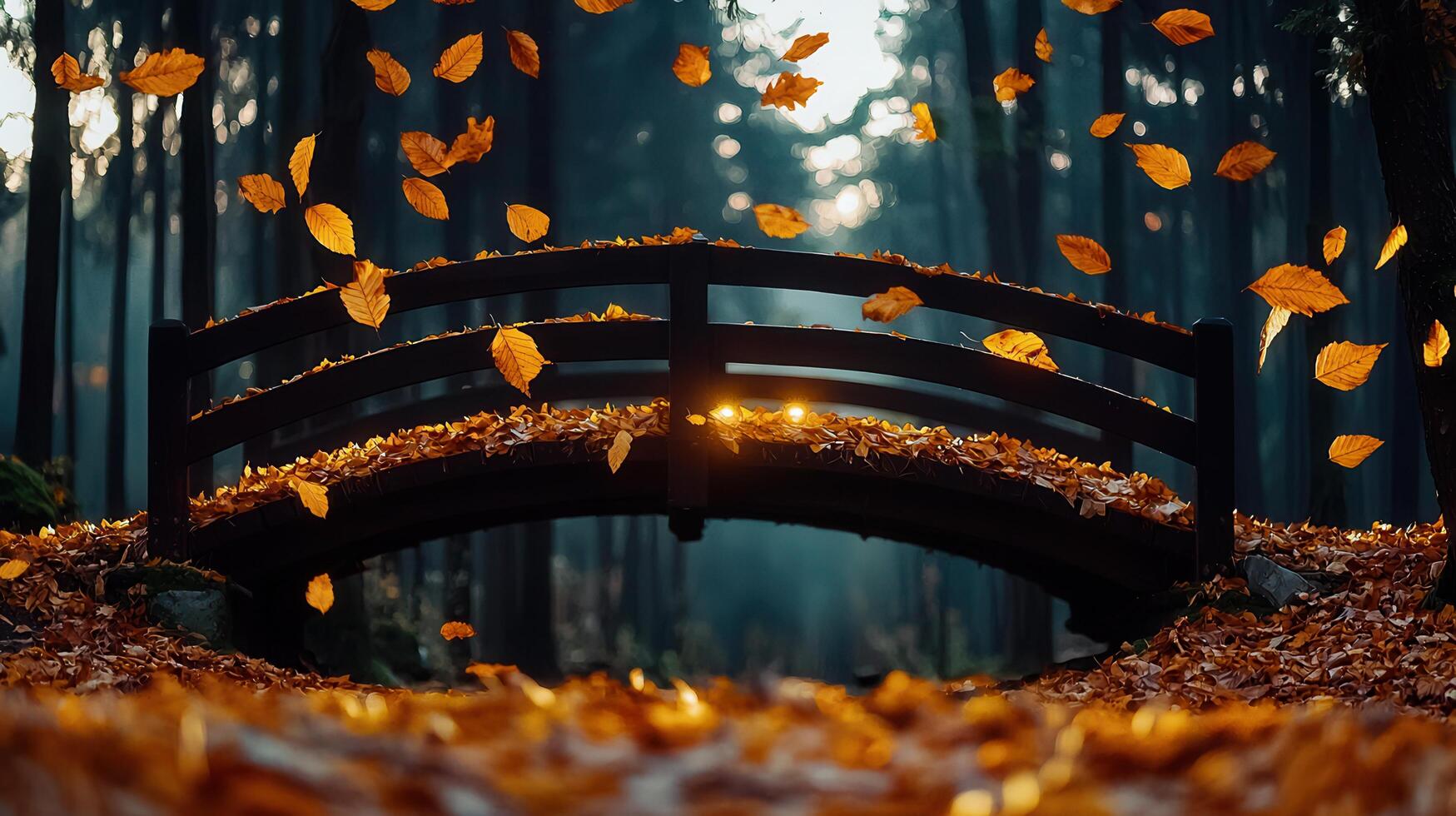 Autumnal Scene Wooden Bridge Covered in Falling Leaves in a Mystical Forest photo