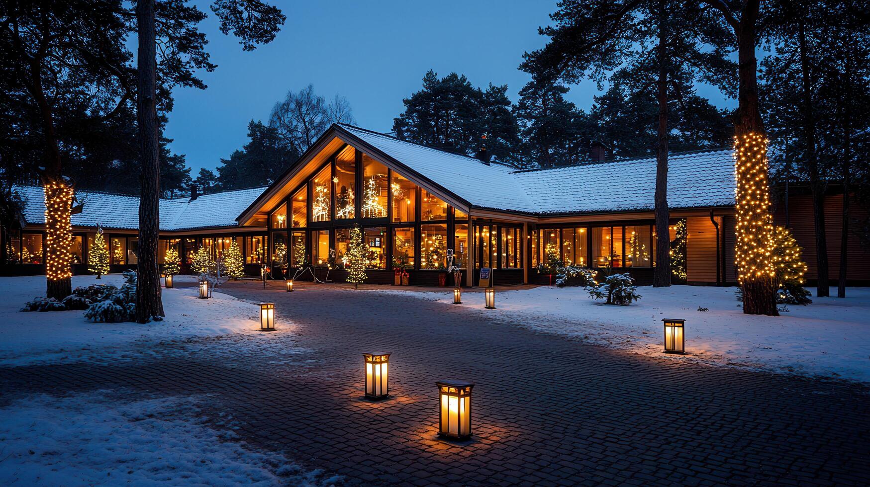 Festive Winter Night at a Snow Covered Lodge with String Lights and Lanterns photo