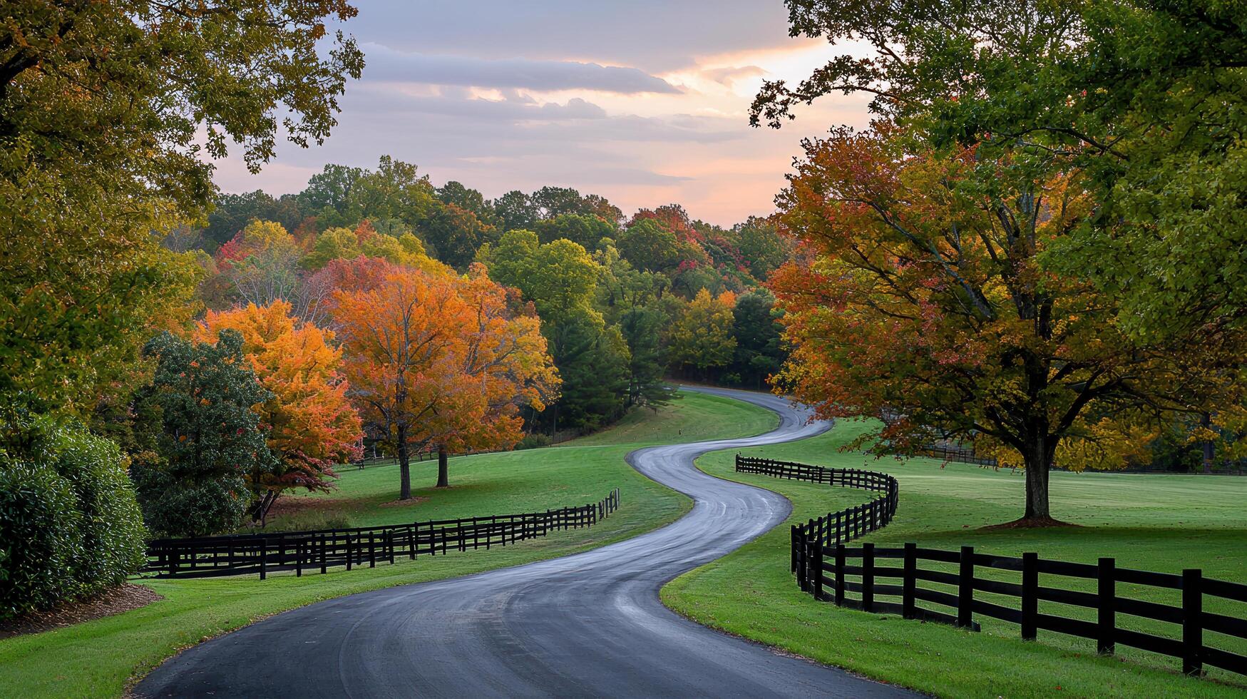Scenic Autumn Country Road Winding Through Colorful Trees and Pastures with a Black Wooden Fence photo