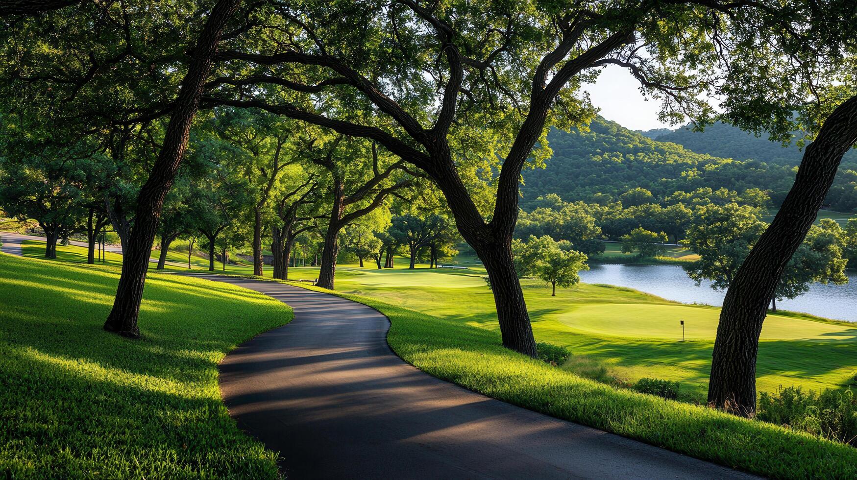 Scenic Winding Path Through Lush Green Park by Lake and Rolling Hills Peaceful Nature Walkway photo