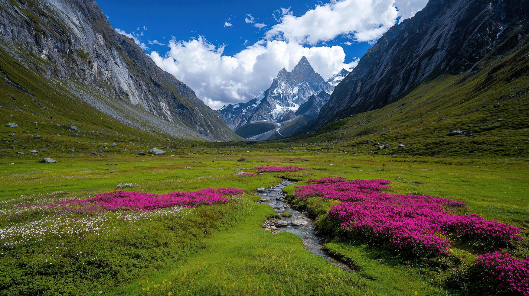 Serene Mountain Valley Landscape with Blooming Flowers and Stream Scenic View of Majestic Peak photo