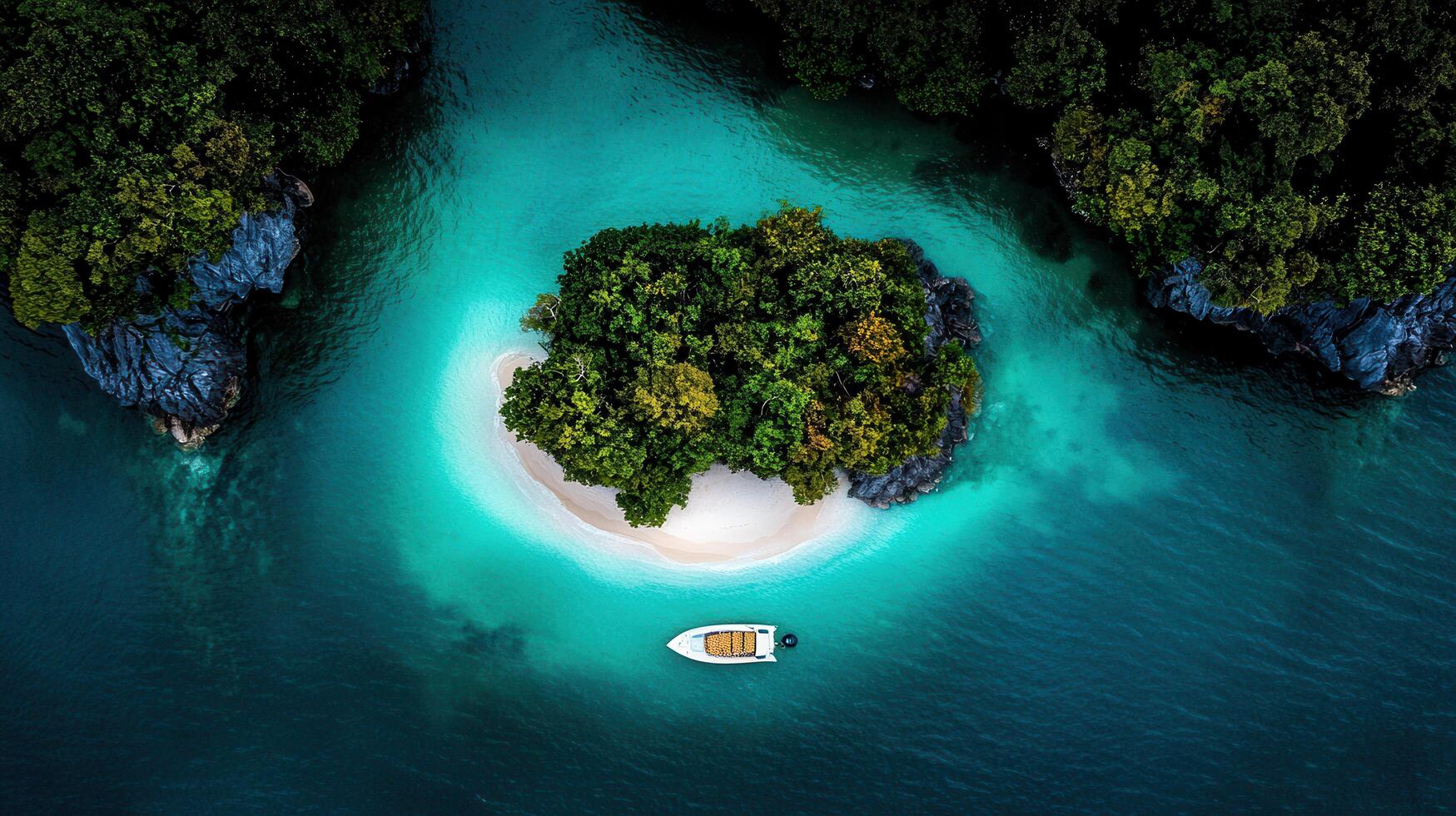 Secluded Tropical Island Paradise Boat near Lush Green Island in Turquoise Ocean Aerial View photo