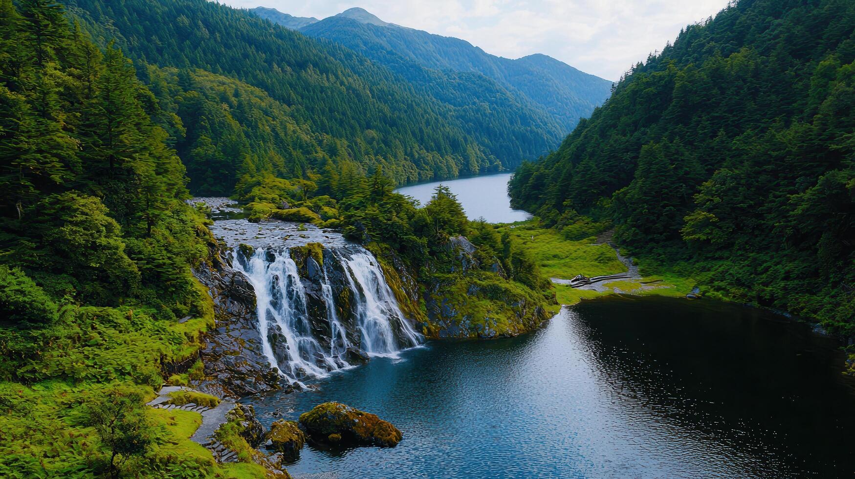 Majestic Waterfall cascading into serene mountain lake surrounded by lush green forest a breathtaking nature scene photo