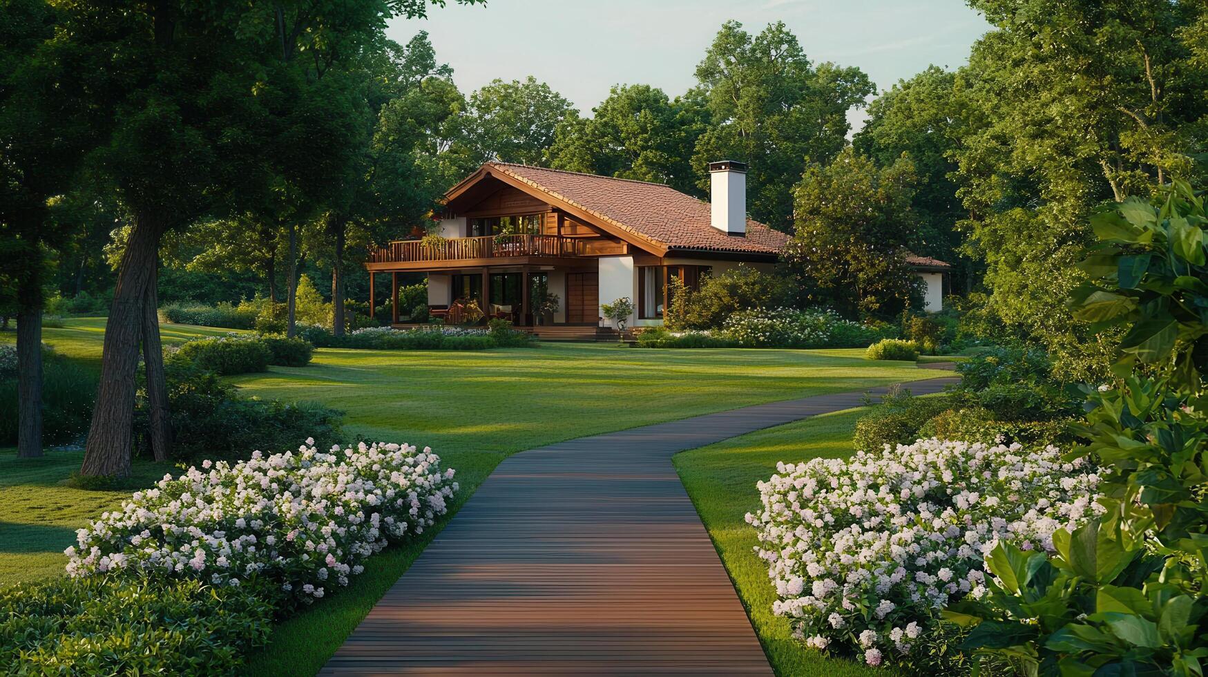 Luxurious Suburban House with Wooden Deck Pathway and Lush Landscaping in a Picturesque Setting photo