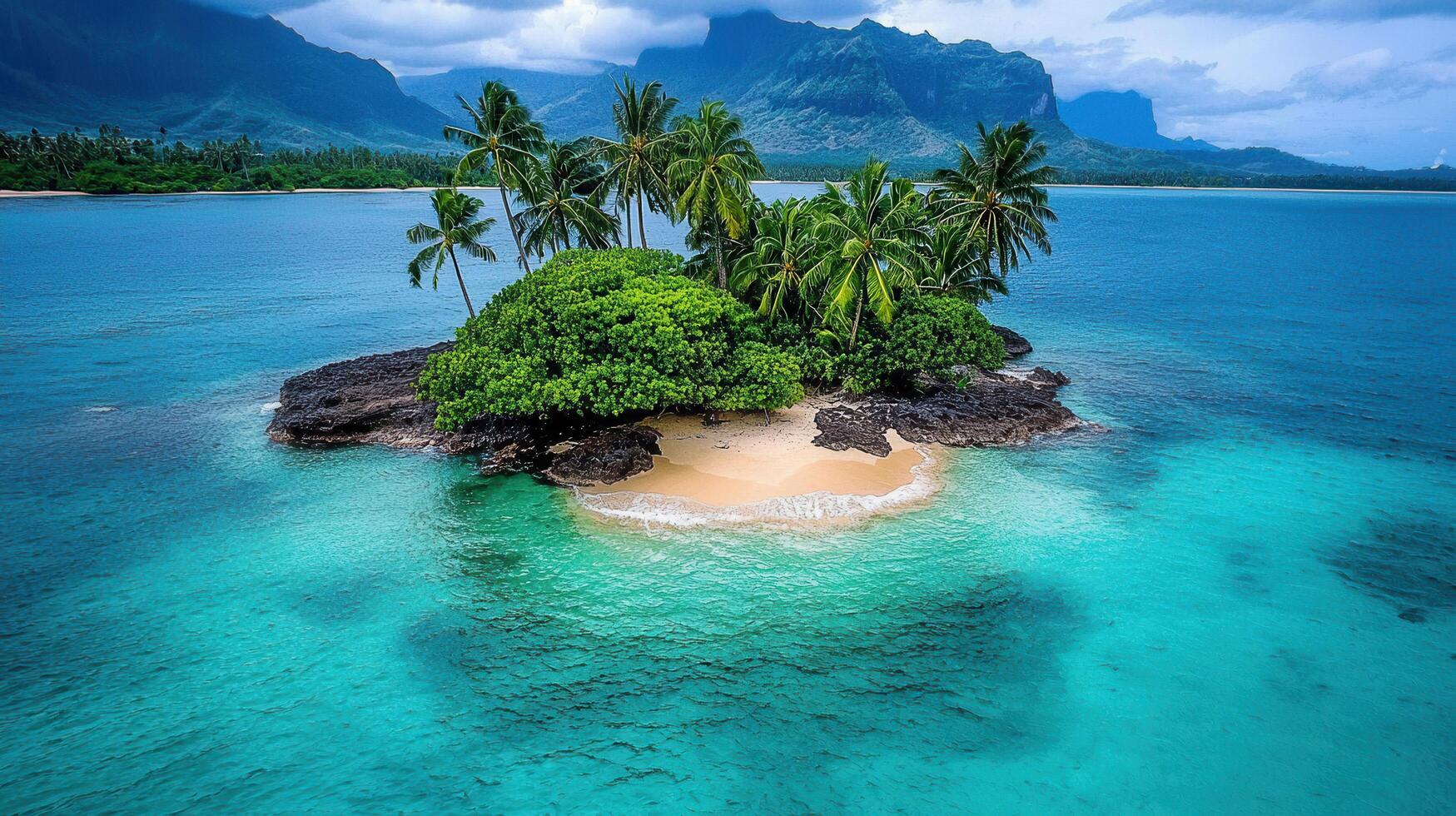 Secluded Tropical Island Paradise Stunning Beach Scene with Lush Palm Trees and Turquoise Waters photo