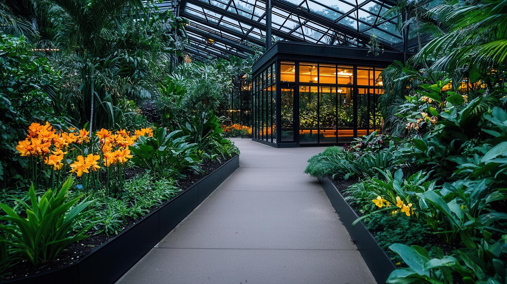 Serene Greenhouse Pathway Lush Tropical Plants and Modern Architecture Tranquil Botanical Garden Walkway photo