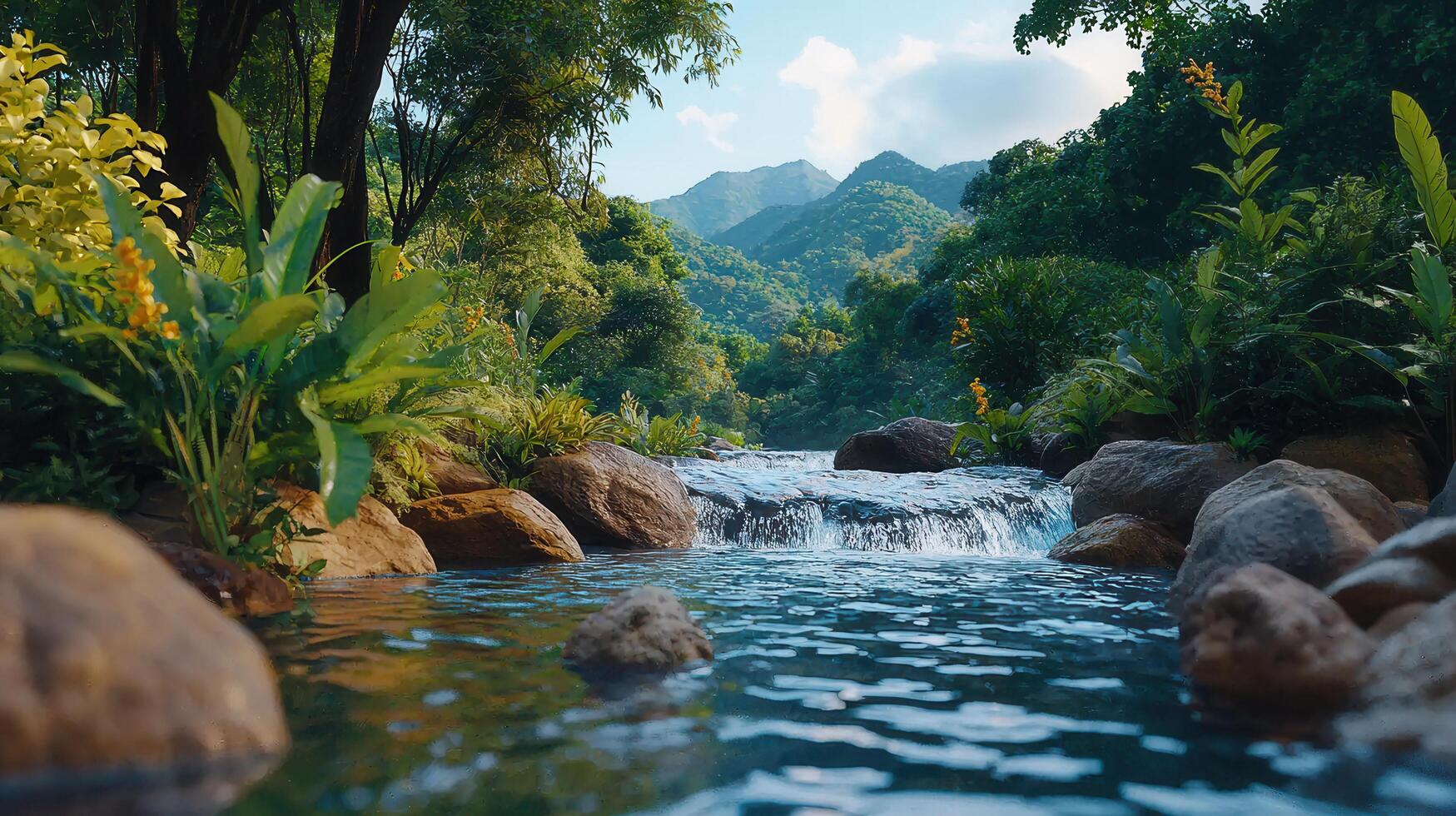 Serene Waterfall in Lush Tropical Paradise Tranquil River Flowing Through Green Mountains photo