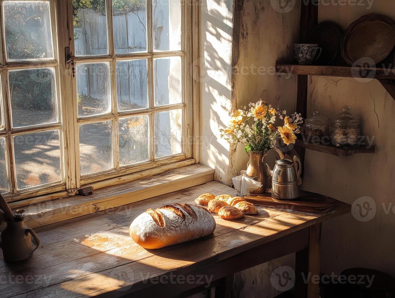 A cozy kitchen scene featuring freshly baked bread and a bouquet of flowers by the window photo