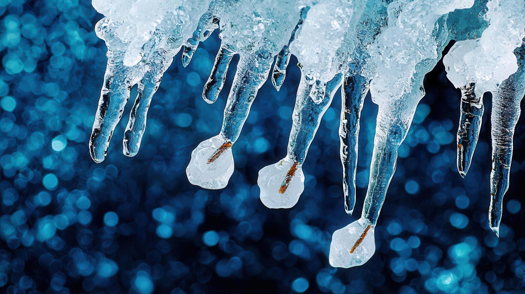 Stunning Close Up of Icicles Hanging Against a Sparkling Blue BackgroundWinter Ice Crystals Nature photo