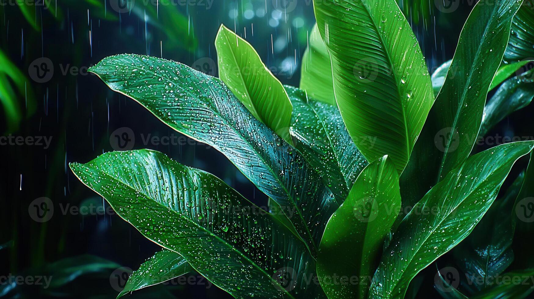Lush Green Tropical Leaves in the Rain Nature Dark Moody Rainforest Plants photo