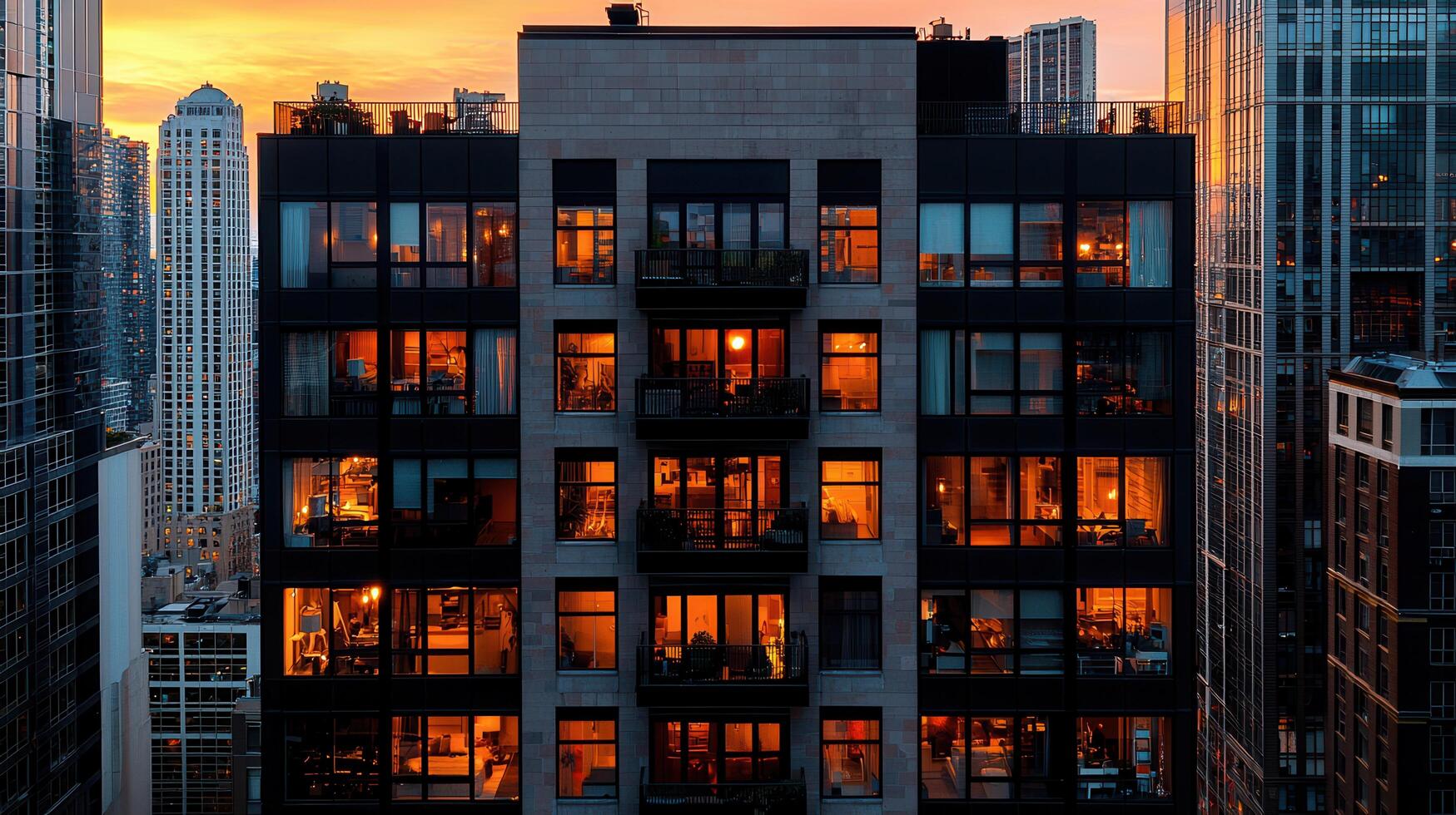 Illuminated City Apartment Building at Sunset Cityscape View Modern Architecture Residential Building at Dusk photo