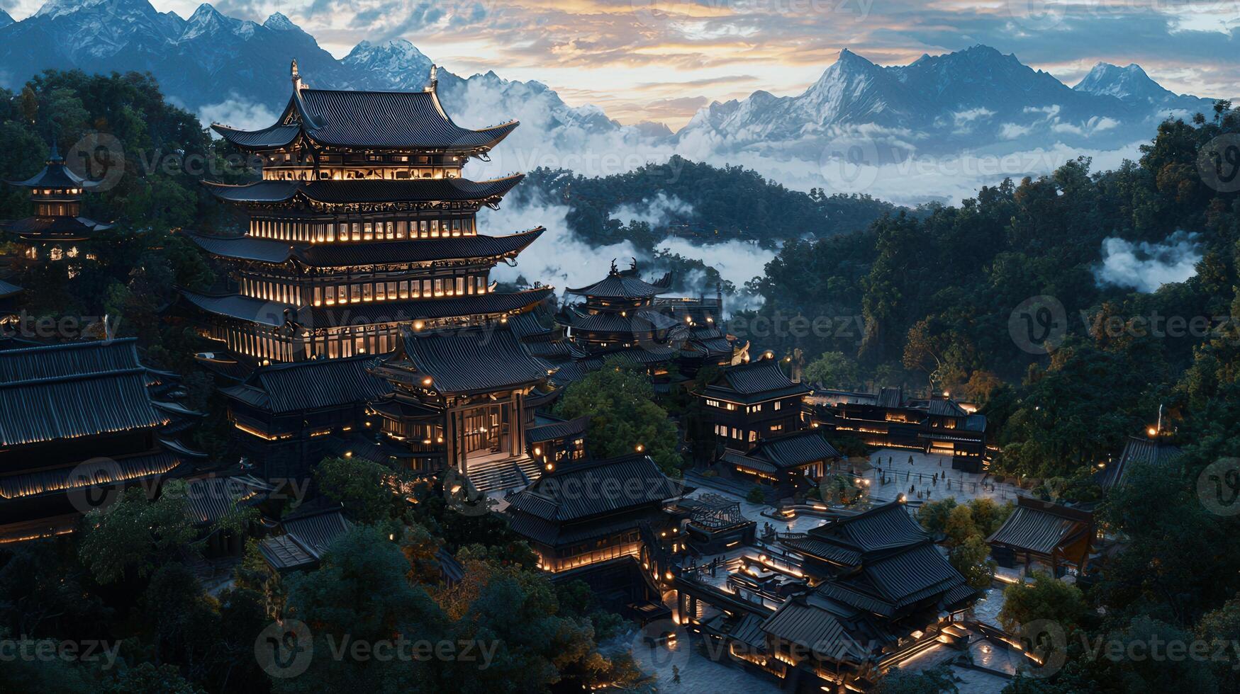 Illuminated Asian Temple Complex nestled in Mountain Valley at Dusk Panoramic View photo