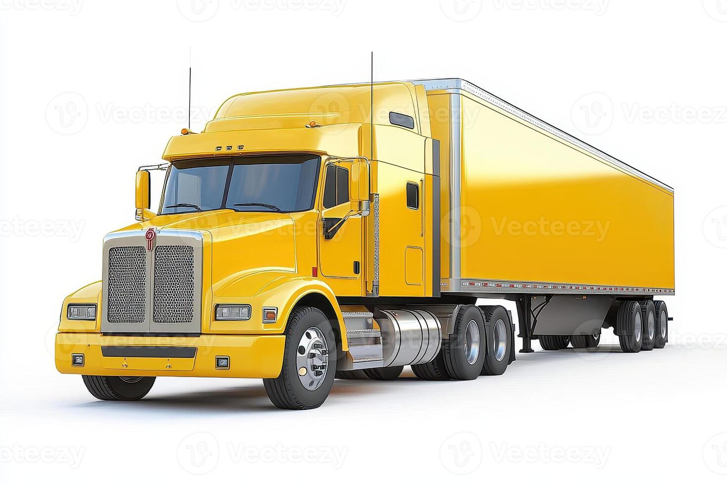 A bright yellow truck with a trailer, designed for transporting goods. photo