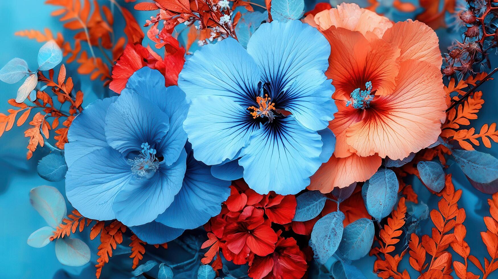 Vibrant Blue and Orange Hibiscus Flowers Botanical Close UpFloral Arrangement photo