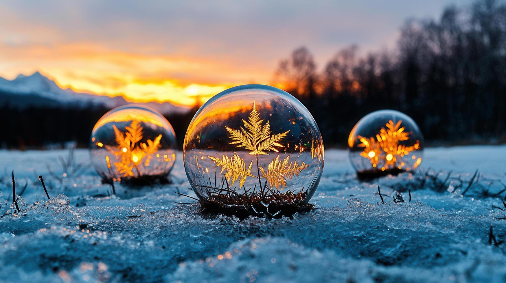 Stunning winter sunset scene featuring three glass spheres reflecting a frozen fern and vibrant sky photo