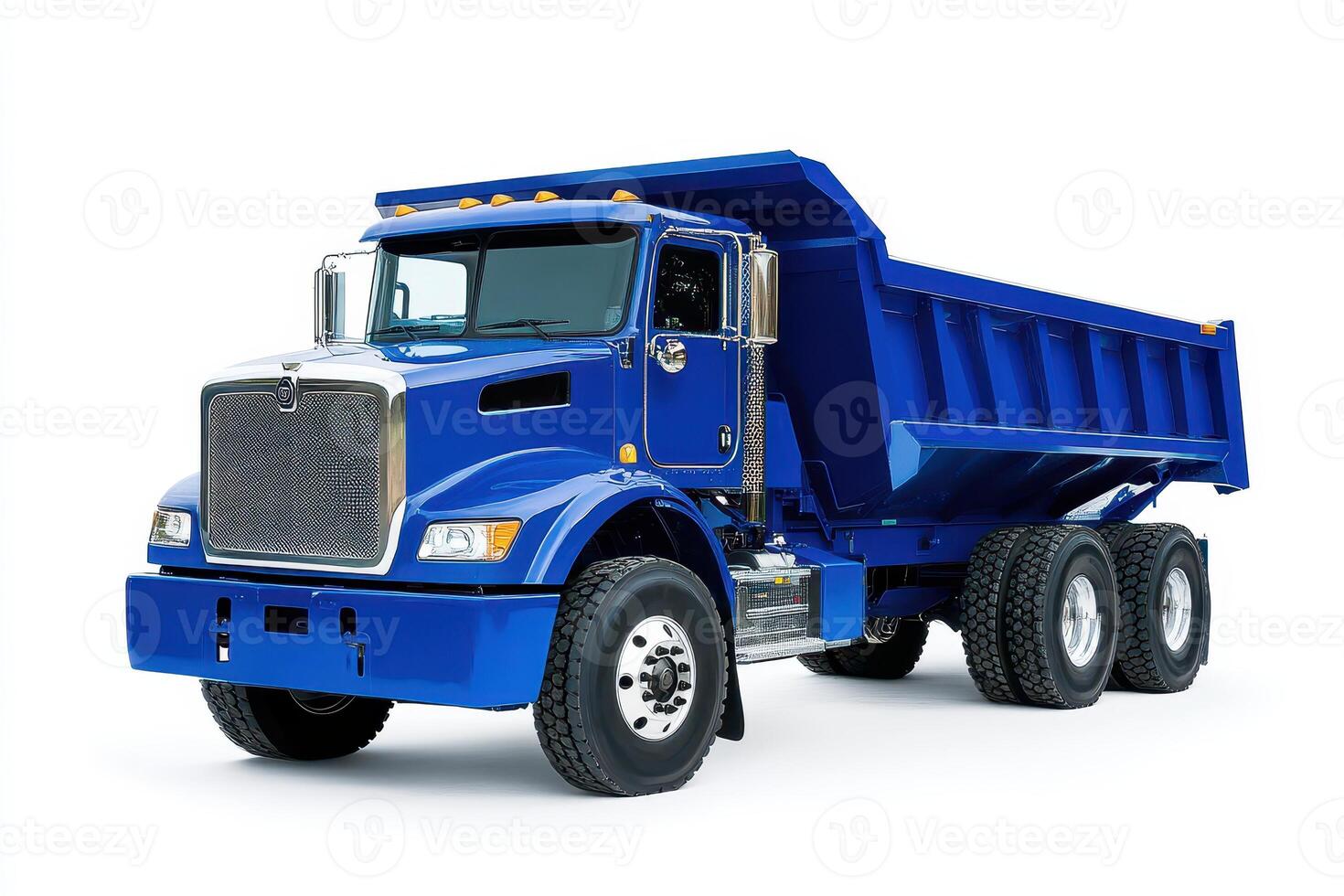 A blue dump truck designed for transporting and unloading materials. photo
