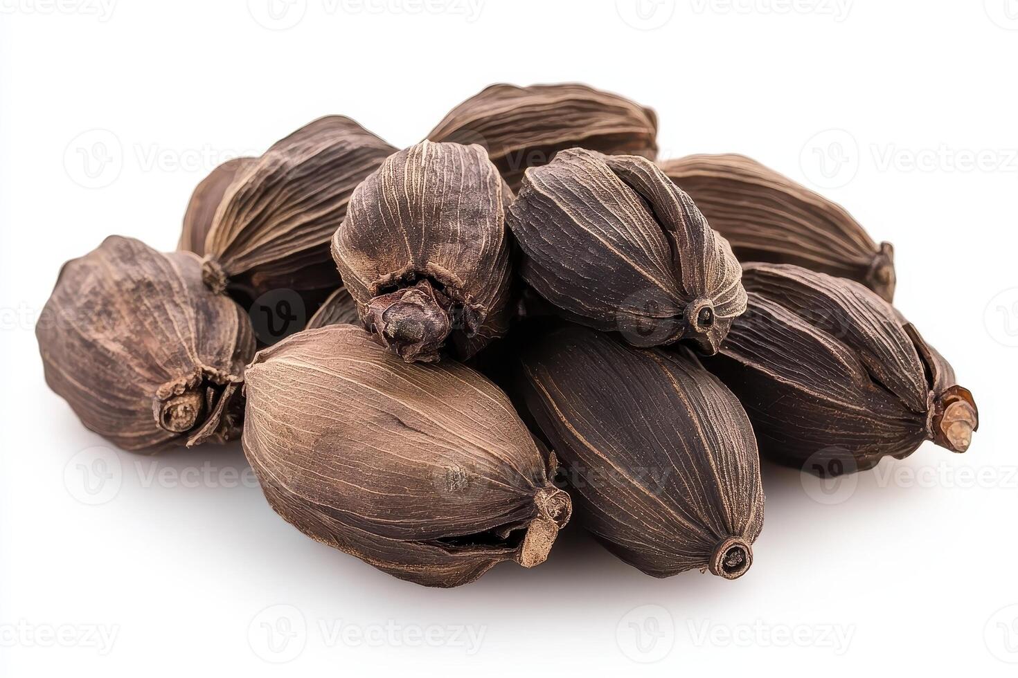 A pile of dried seeds resembling cardamom pods. photo