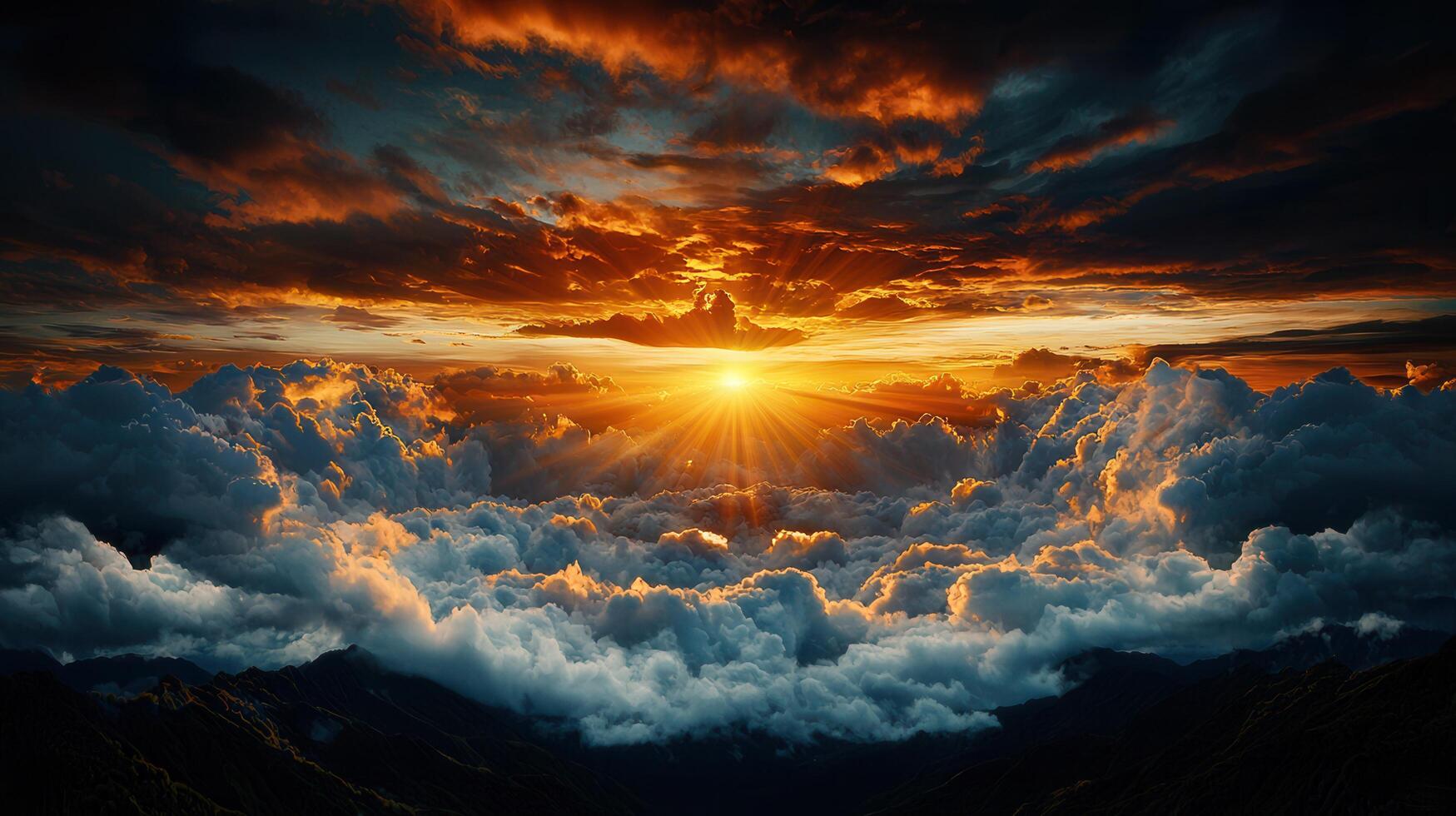 Majestic Sunset Above a Sea of Clouds Dramatic Sky with Golden Rays Heavenly View from Mountaintop photo