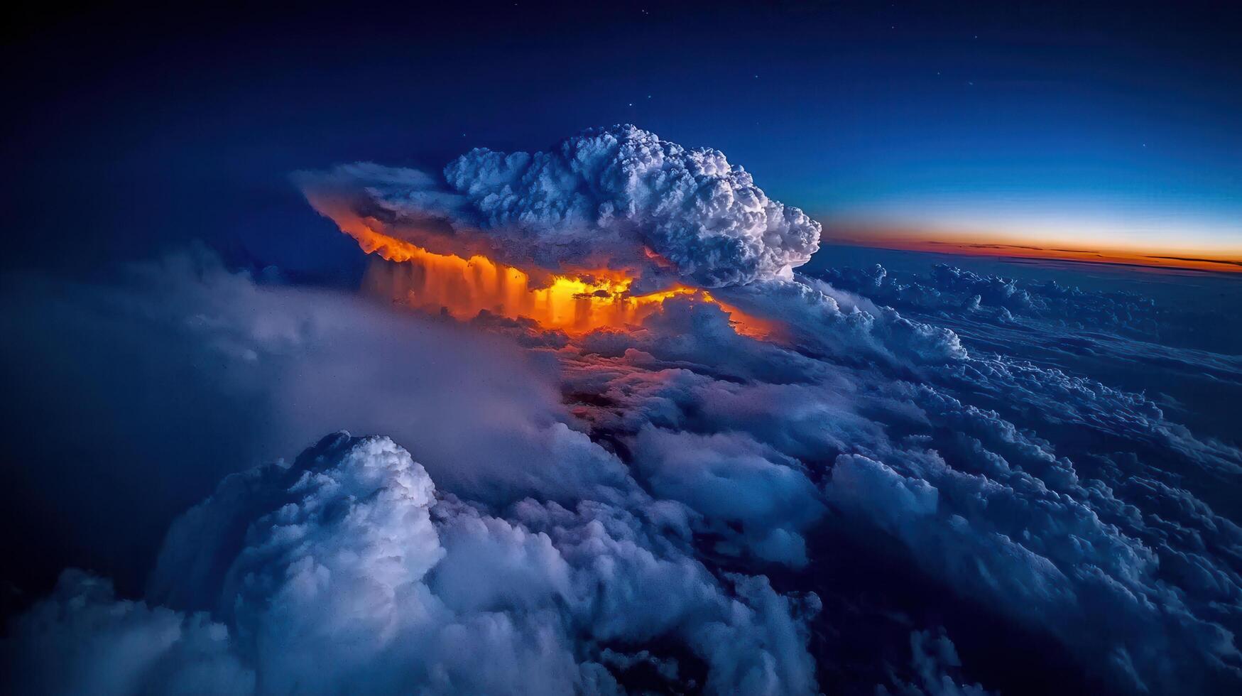 Dramatic Sunset Aerial View of a Massive Cumulonimbus Cloud with Rain and Orange Glow photo