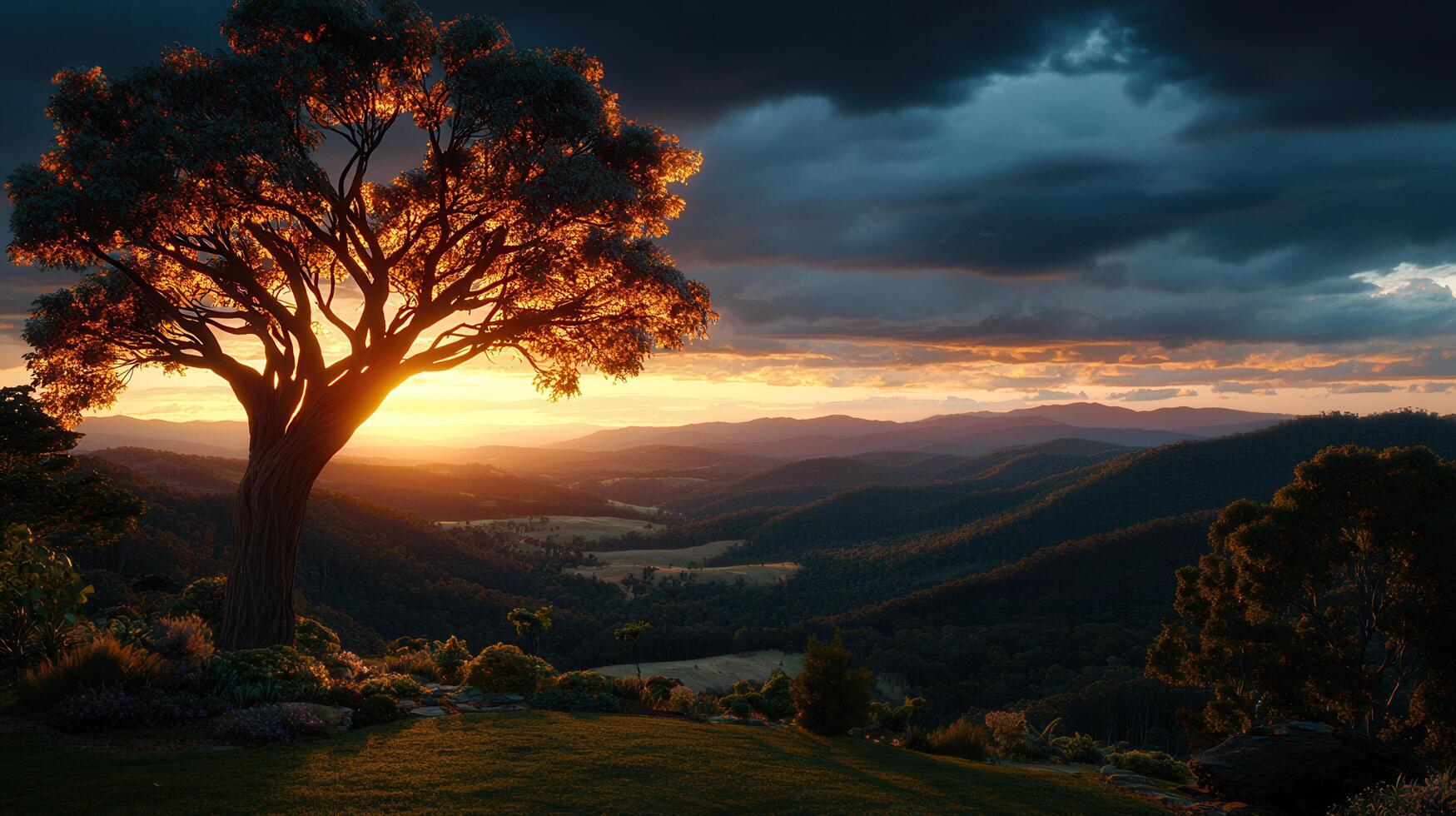 Majestic Sunset Landscape Serene Tree Silhouette Against Vibrant Sky and Rolling Hills photo