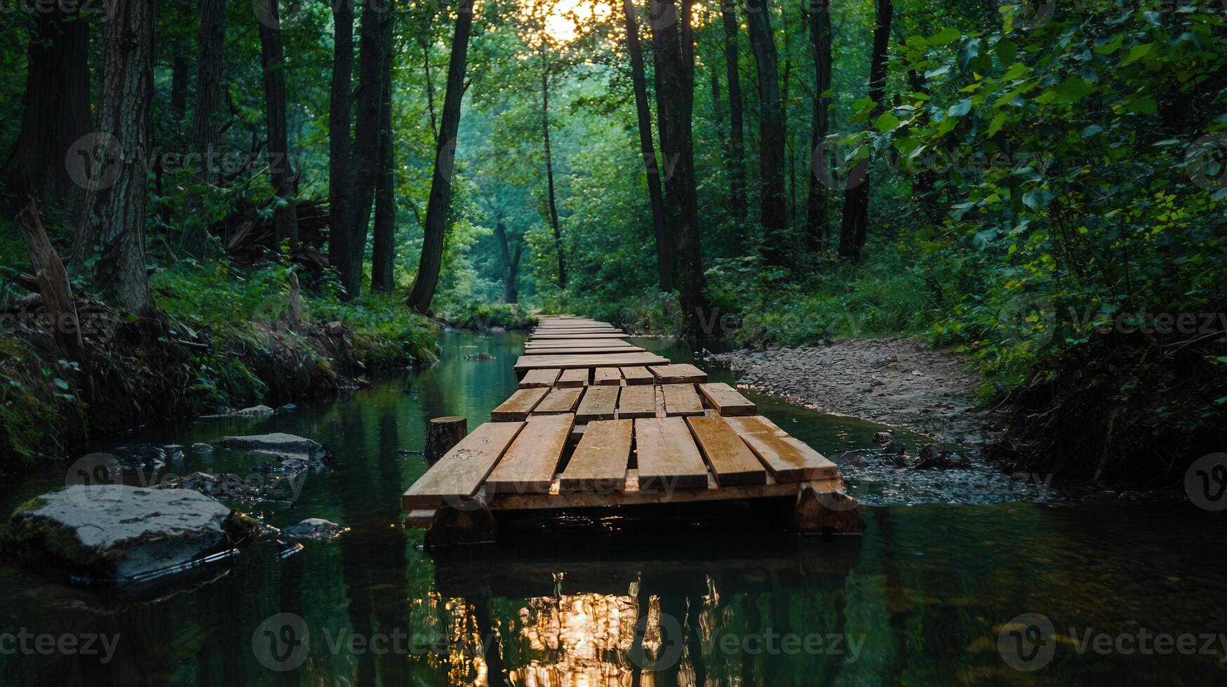 Serene Wooden Footbridge Across a Forest Stream at Sunset Tranquil Nature Scene Idyllic Pathway photo