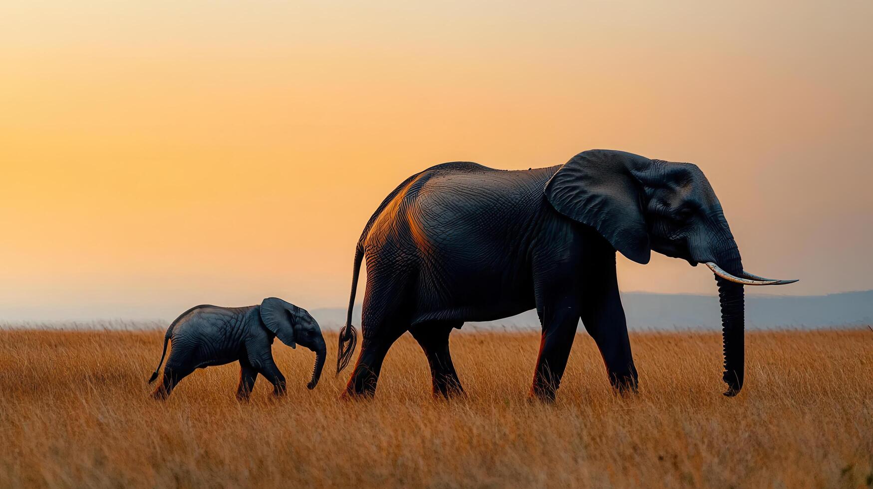 African Elephants at Sunset Walking in Savannah Grassland Adult and Baby Elephants Wildlife photo