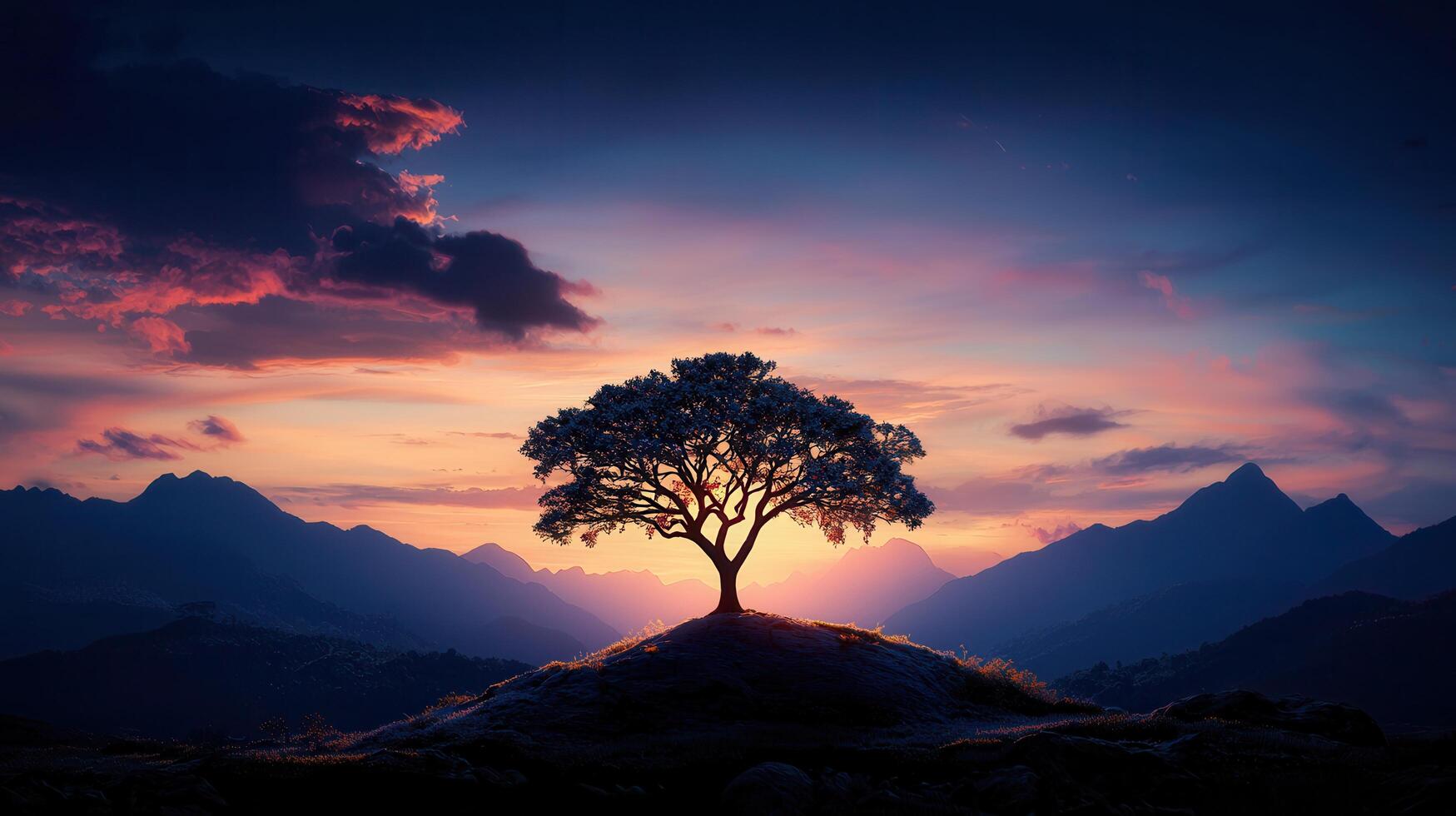 Majestic Tree Silhouetted Against Vibrant Sunset and Mountain Range Landscape photo