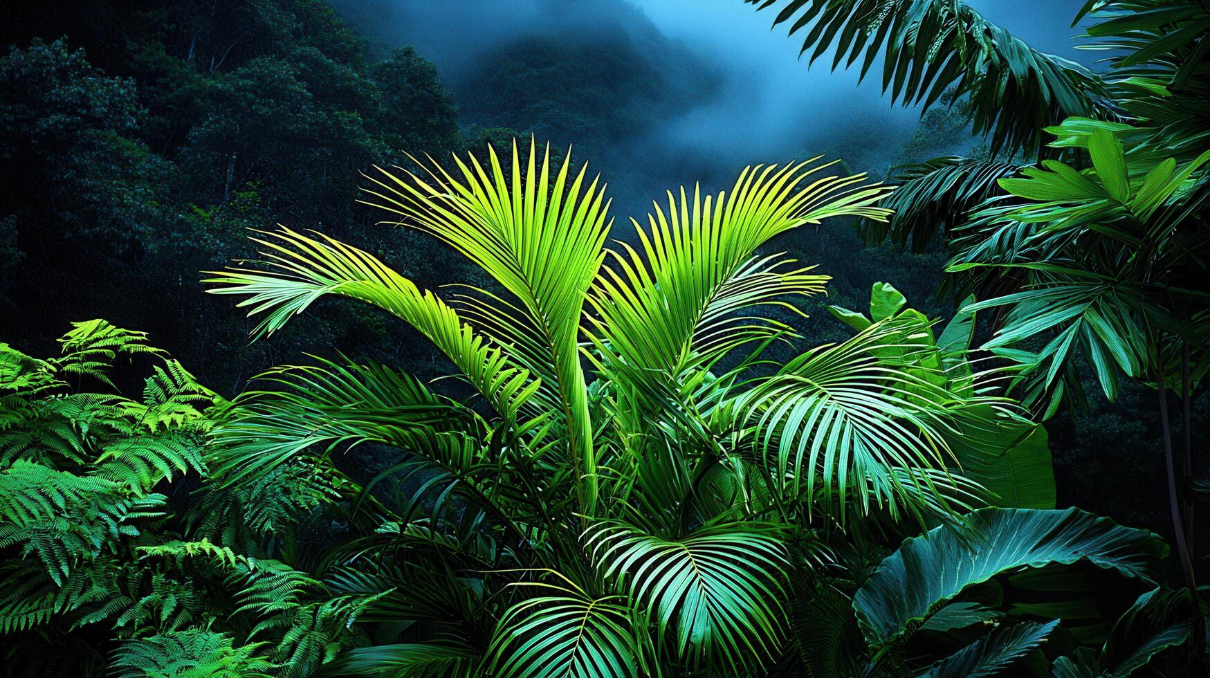 Lush Green Tropical Palm Trees and Ferns in a Vibrant Rainforest Setting A Stunning View of Nature s Beauty photo
