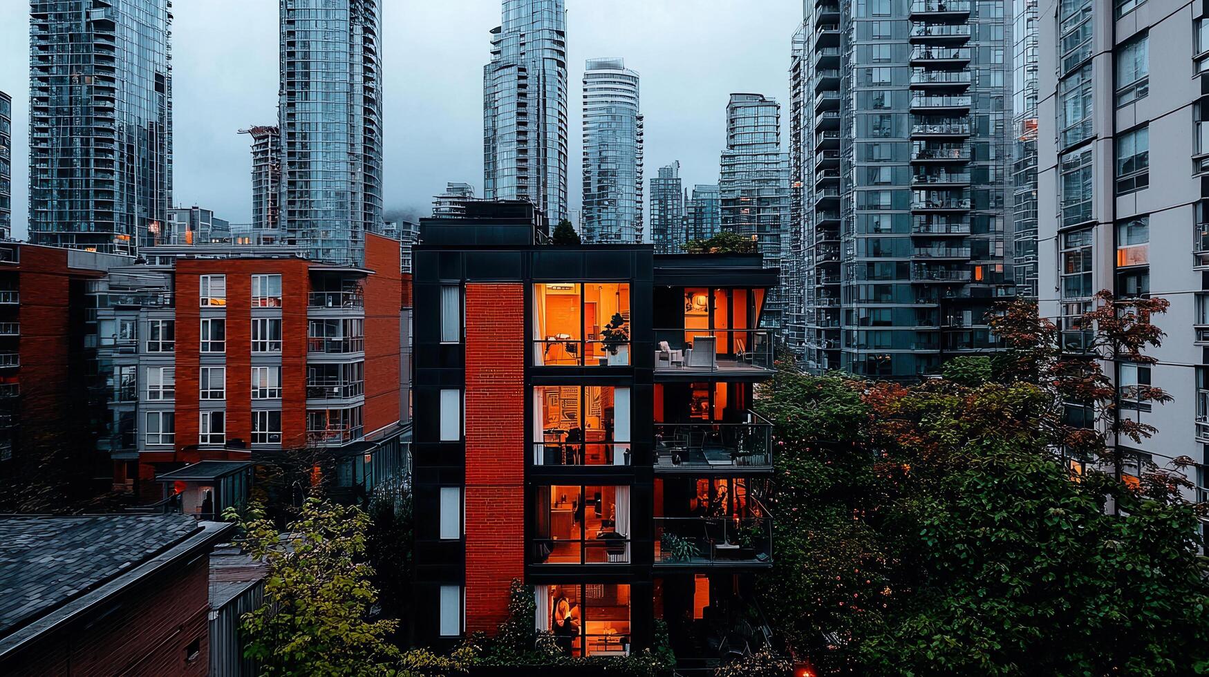 Modern apartment building with illuminated windows at dusk among high rise city buildings photo