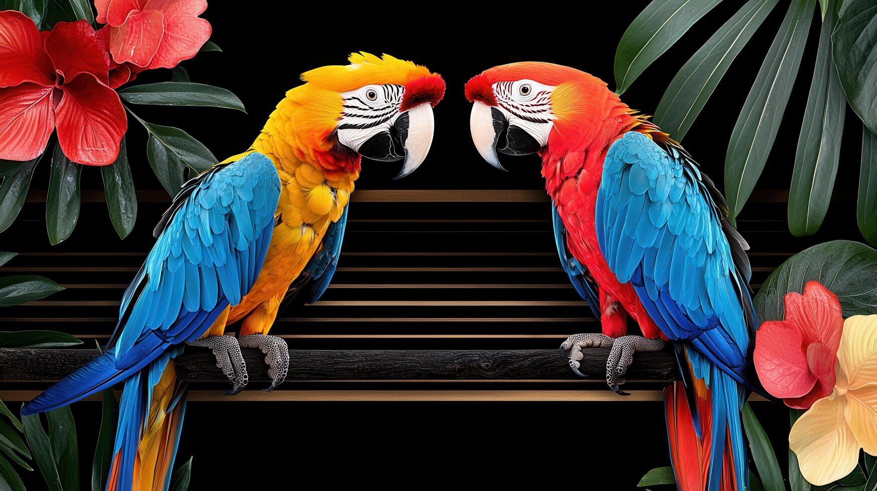 Two Vibrant Macaws Perched on Branch Tropical Flowers Black Background photo