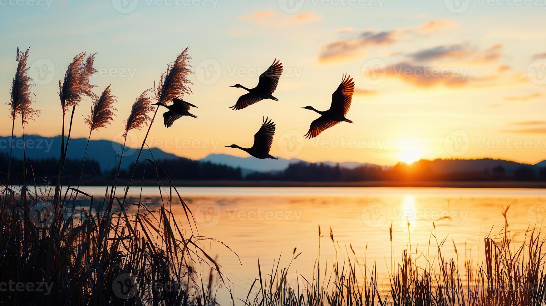 Majestic Birds in Flight over Golden Sunset Lake Beautiful Silhouettes of Cranes Soaring Above Reeds at Dusk photo