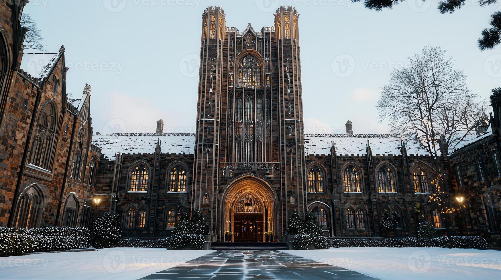 Majestic Gothic Architecture Building Snow Covered Winter Scene Beautiful Collegiate Building Exterior at Dusk photo