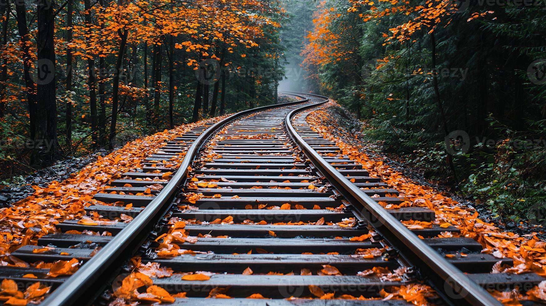 Scenic Autumn Railroad Tracks Winding Through a Misty Forest Fallen leaves cover the rails photo