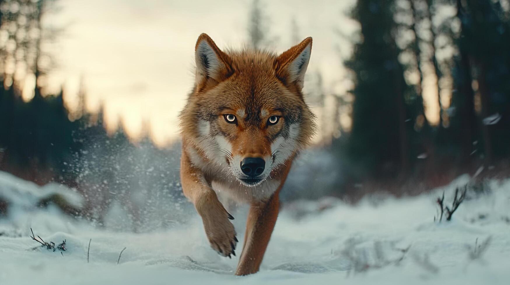 Majestic Red Wolf Running Through Snowy Winter Forest Landscape Wildlife photo