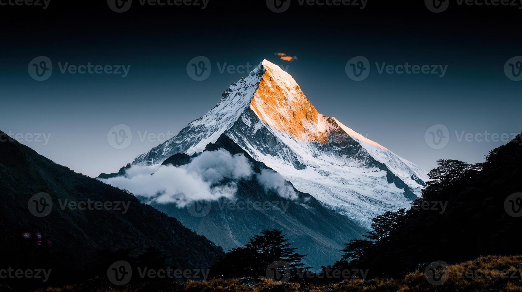 Majestic Snow Capped Mountain Peak at Sunset Golden Hour Dramatic Landscape photo