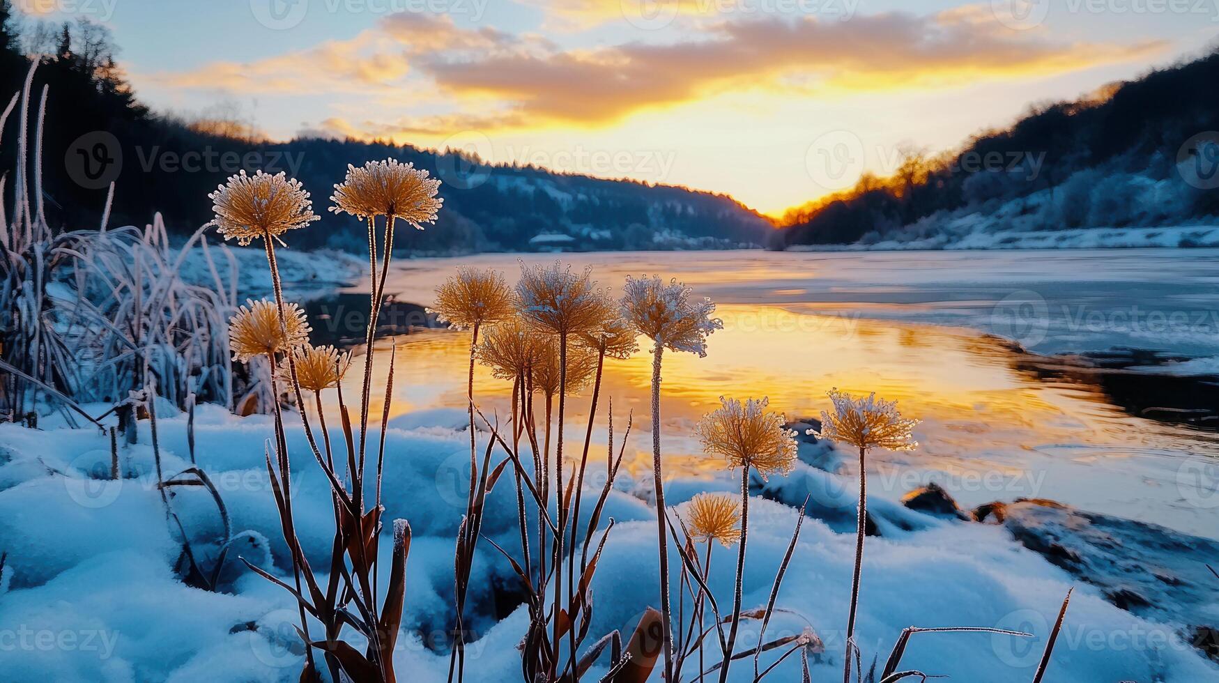 Frosty Winter Sunset Landscape with Frozen River and Plants Serene nature scene at golden hour photo