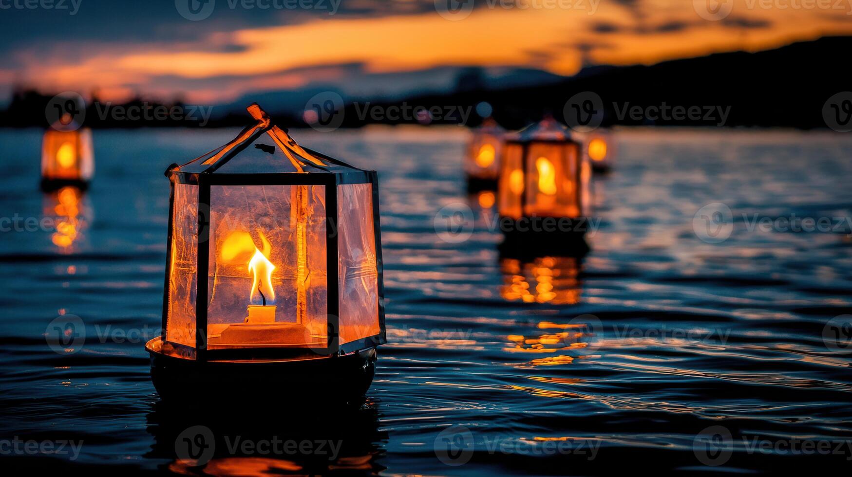 Illuminated Floating Lanterns on Calm Water at Sunset a Serene and Peaceful Scene photo
