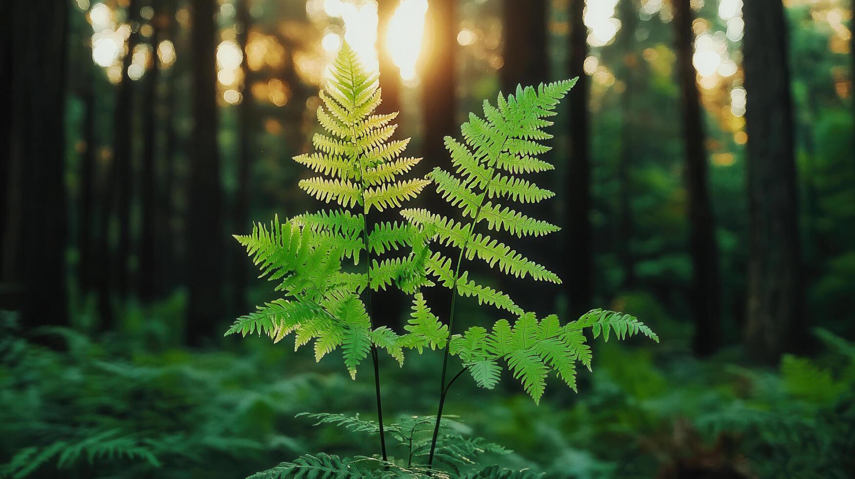 Lush Green Ferns Illuminated by Sunlight in a Forest Setting Perfect for nature backgrounds or environmental themes photo