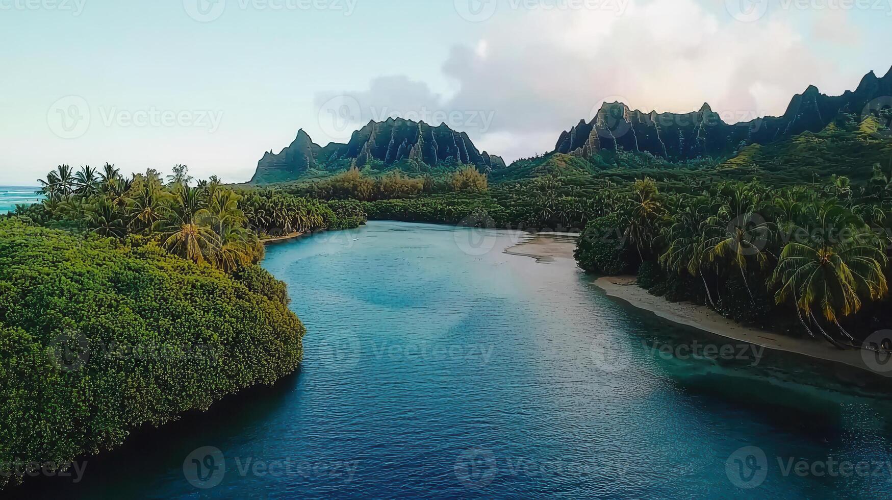 Serene Tropical River Scene Lush Green Palm Trees Encircling Calm Waters Against Dramatic Mountain Background photo