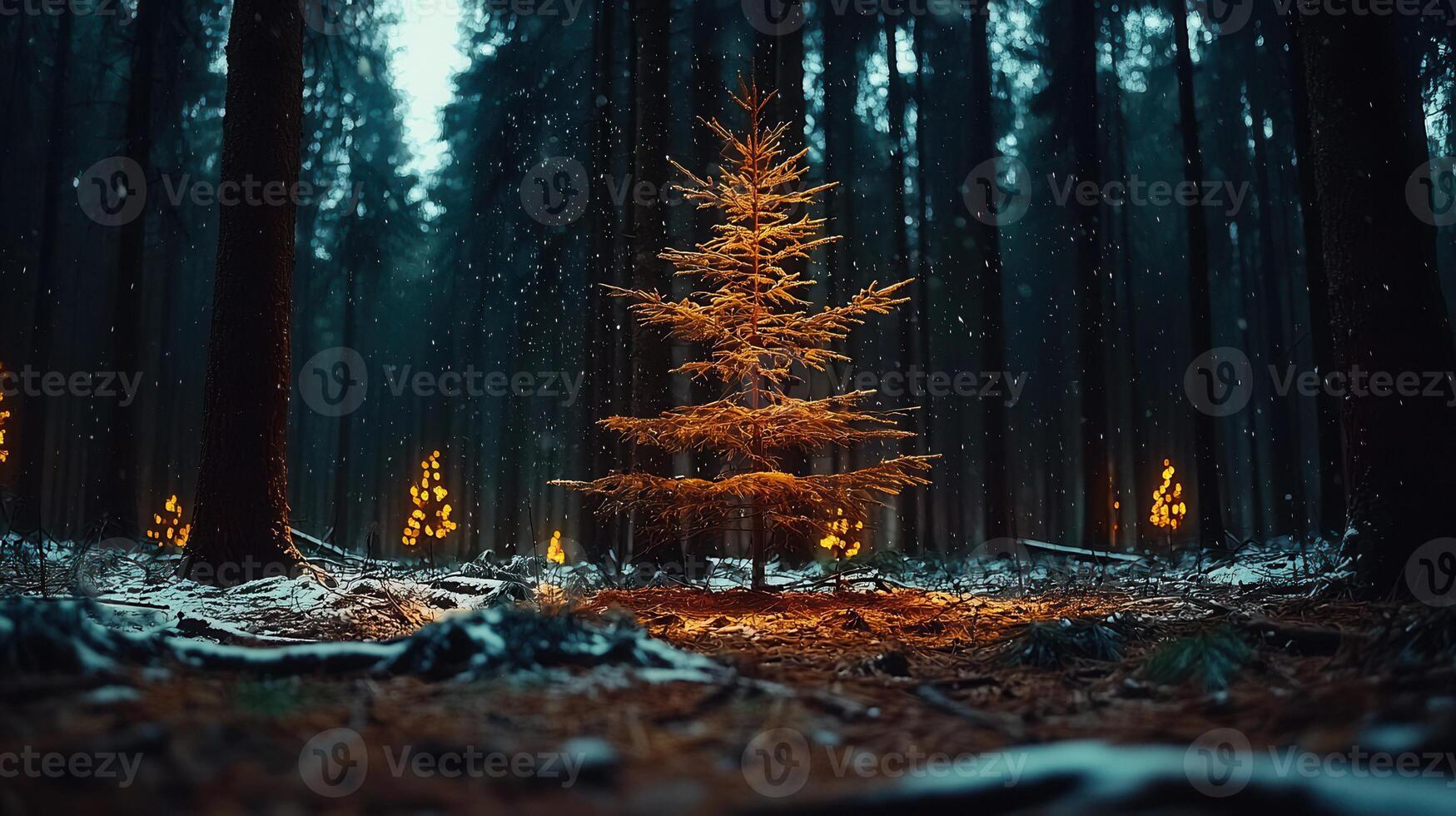 Enchanting Winter Forest Scene Illuminated Pine Tree in Snowfall Magical Christmas Atmosphere photo