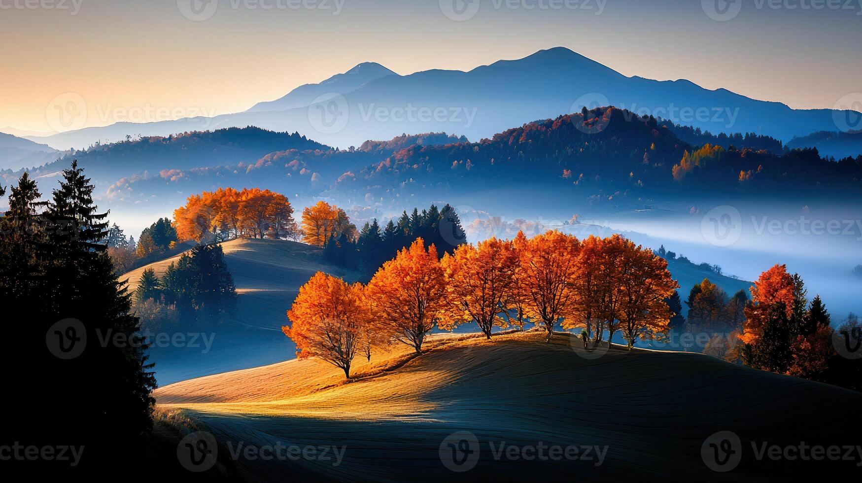 Stunning Autumn Landscape Vibrant Orange Trees on Rolling Hills and Misty Mountains photo