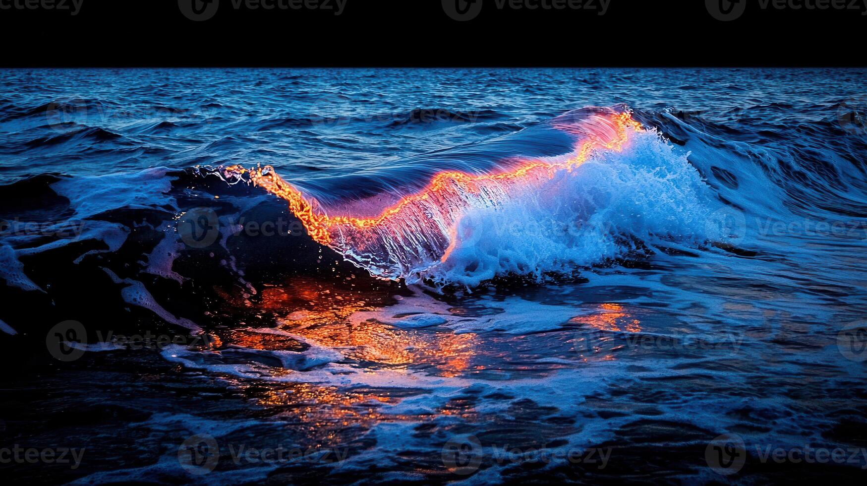 Dramatic Ocean Wave at Sunset Glowing with Fiery Orange Light Reflecting on Water photo