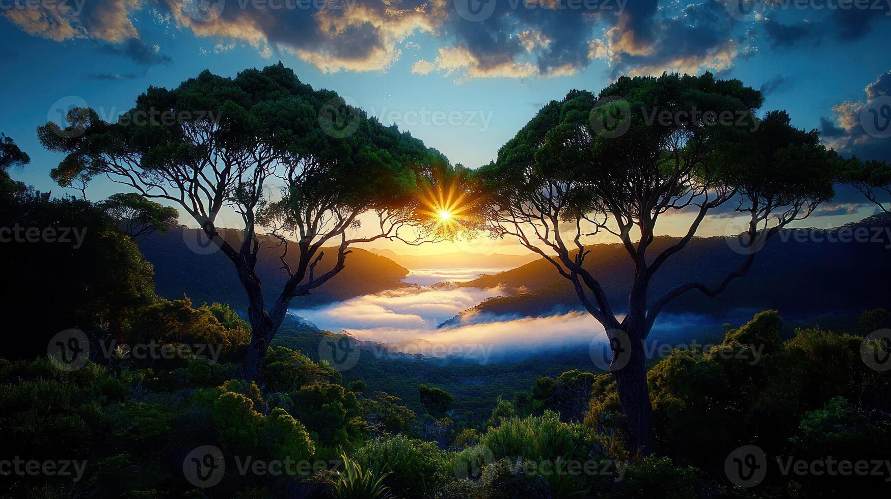 Majestic Sunrise Through Trees Valley Landscape Breathtaking Nature Scenery Golden Hour View photo