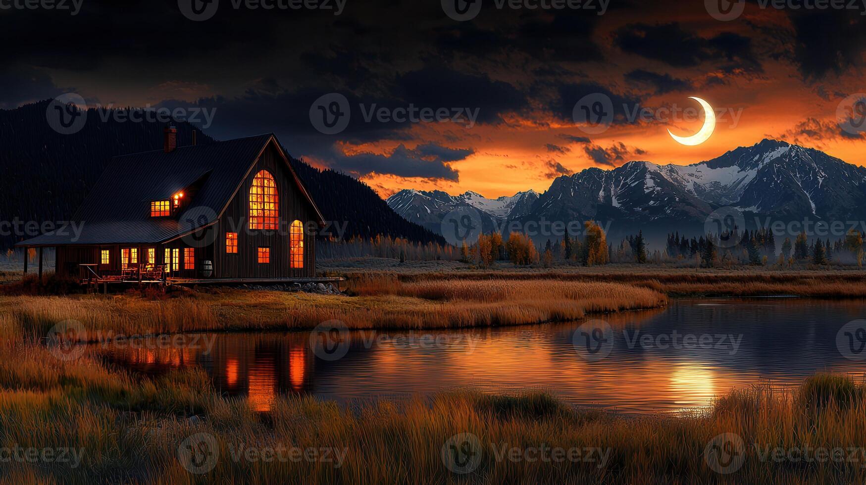 Illuminated Lakeside Cabin at Sunset with Mountain and Crescent Moon View A picturesque autumnal scene photo