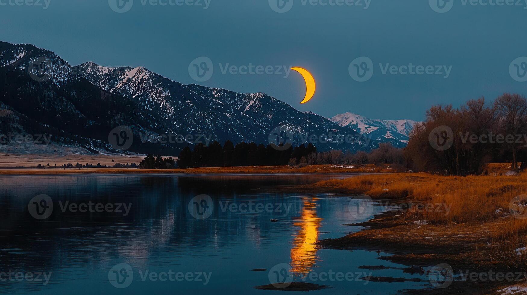 Serene Landscape Crescent Moon over Snow capped Mountains and Tranquil Lake at Dusk photo