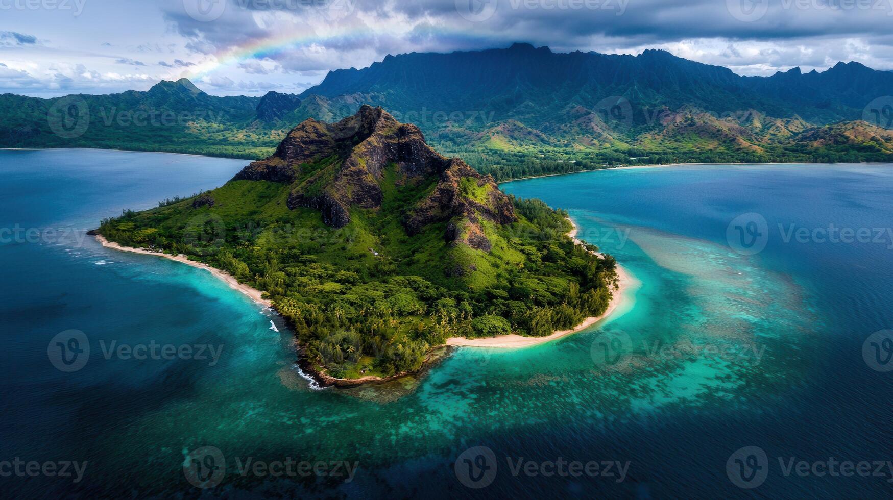 Breathtaking Aerial View of Tropical Island Paradise Lush Green Mountains Ocean Rainbow photo